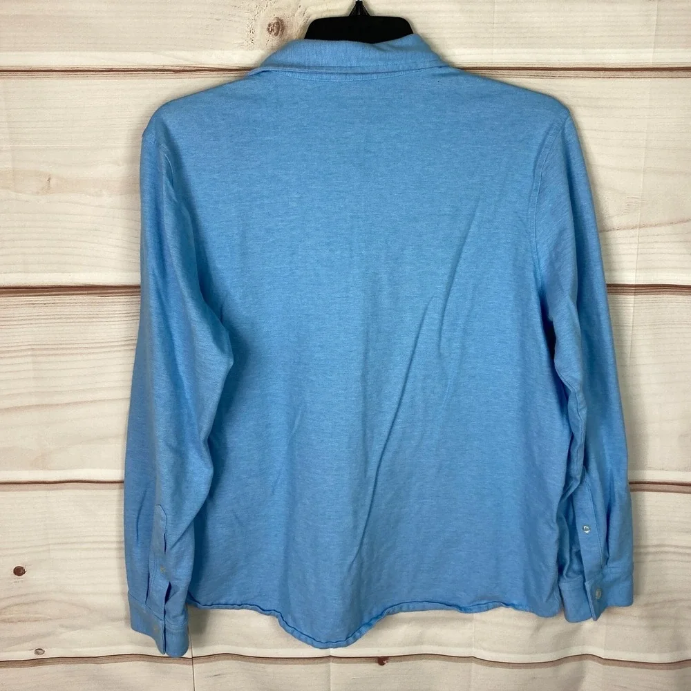 Lands End Shirt‎ Mens L Blue Button Up Traditional Fit Knit Collar Long Sleeve